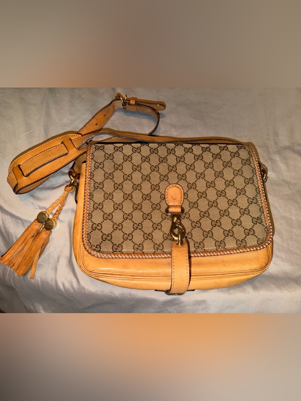 Gucci Marrakech Beige GG Canvas and Tan Leather Crossbody Bag